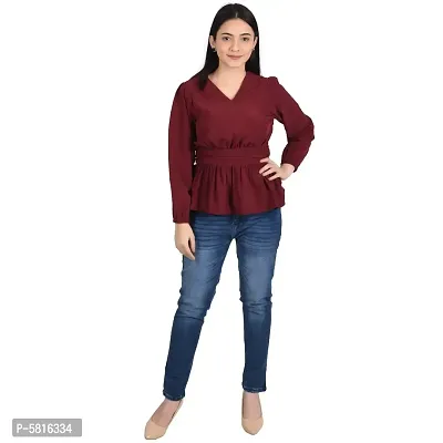 Reliable Maroon Polyester Solid V-Neck Tops For Women-thumb2