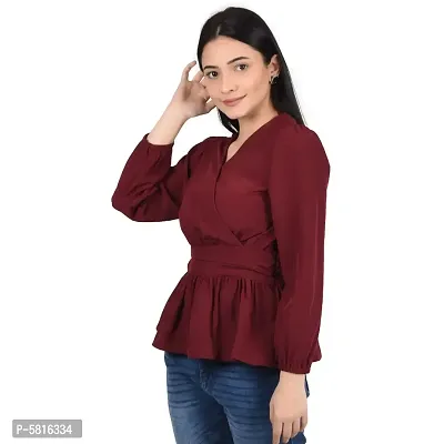 Reliable Maroon Polyester Solid V-Neck Tops For Women-thumb0