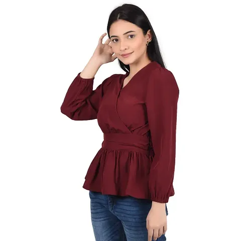 Reliable Maroon Polyester Solid V-Neck Tops For Women