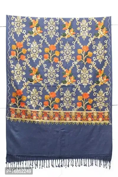 Stylish Blue Wool Embroidered Shawls For Women-thumb0