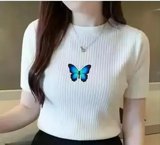 Butterfly Print Short Sleeve T-Shirt Slim Thin Round Neck Tees