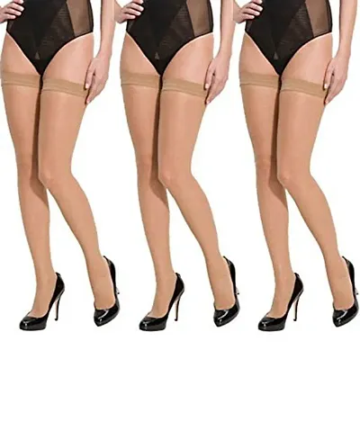 Cotson Women's Nylon Nude Thigh Length Stockings (Pack of 3)