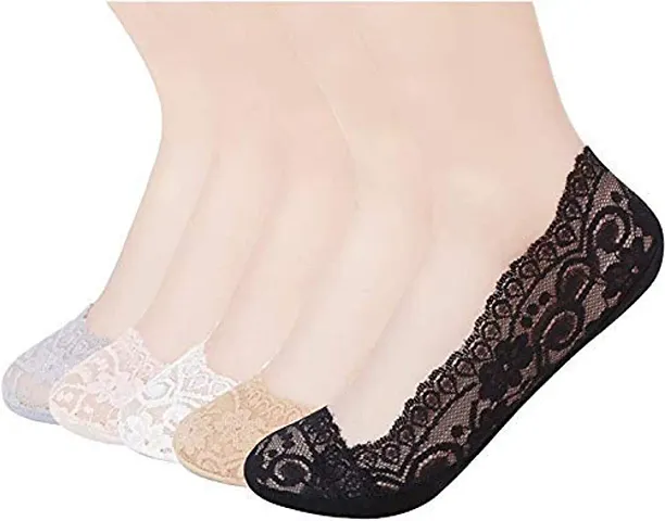 Vbirds Women's & Girl's Anti-Skid Lace Socks Foot Cover/Footies Socks (Pack of 5 Pairs)-(Multicolor)