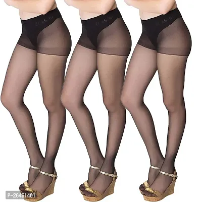 Stylish Black Cotton Blend Sheer Stockings For Women Pack Of 3-thumb0