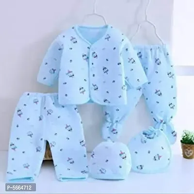 Kids Newborn Baby Winter Wear Dress Suit Set 5 Pcs Pack 1-Pyjama 1-Legging 1-Vest 1-Bib 1-Cap 0-3 Months-thumb0