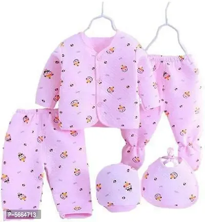 Kids Newborn Baby Winter Wear Dress Suit Set 5 Pcs Pack 1-Pyjama 1-Legging 1-Vest 1-Bib 1-Cap 0-3 Months-thumb0