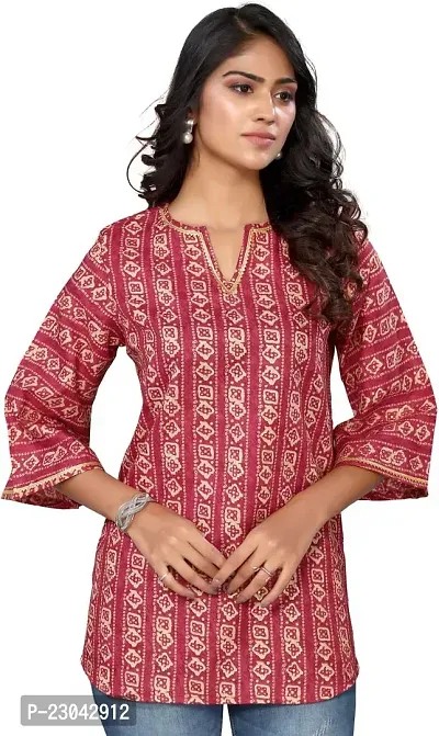 Elegant Red Cotton Blend Printed Top For Women