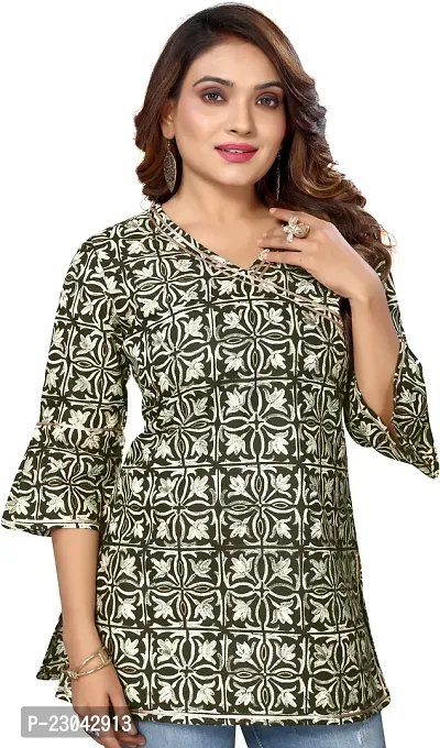 Elegant Green Cotton Blend Printed Top For Women