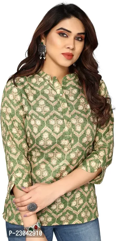 Elegant Green Pure Cotton Printed Top For Women