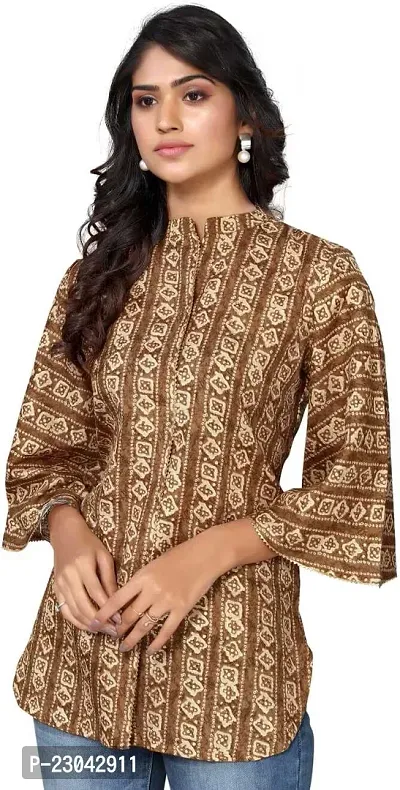 Elegant Brown Cotton Blend Printed Top For Women