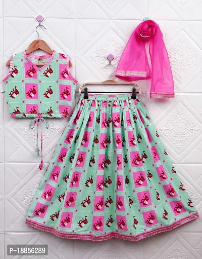 Alluring Green Cotton Blend Printed Lehenga Cholis For Girls