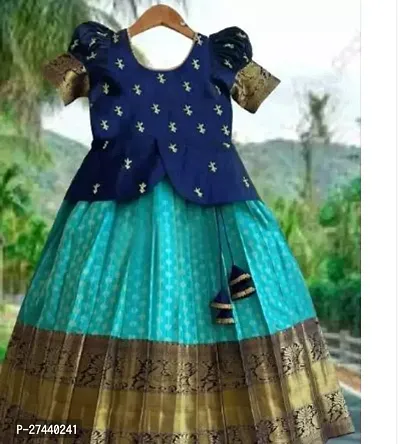 Stylish Navy Blue Cotton Jacquard Lehenga Choli Set For Girls-thumb0