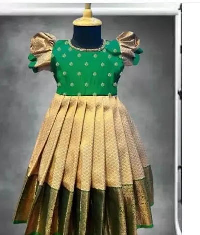 Elegant Green Cotton Jacquard Dresses For Girls