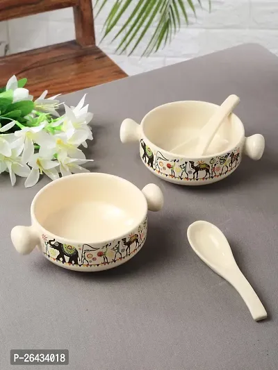 Handcrafted Ceramic Soup Bowl Set With Spoon Ceramic Bowl Soup Cups Set Of 2, 400 Ml-thumb0