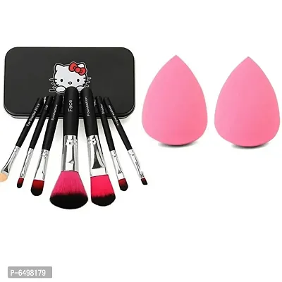 Hello Kitty High Quality Make-Up Brushes with black tin box  (Pack of 7) and Makeup Blender Sponge