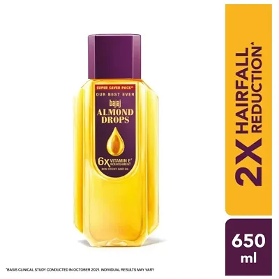 Bajaj Almond Drops Hair Oil | 6X Vitamin E Nourishment | Non-Sticky Hair Oil For Hair Fall Control | 650ml