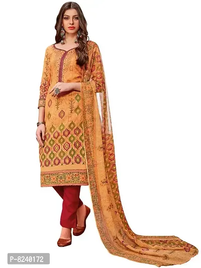 Unstitched Cotton Dress Material Suit with Chiffon Dupatta and Cotton Salvar Piece. (Orange)-thumb0