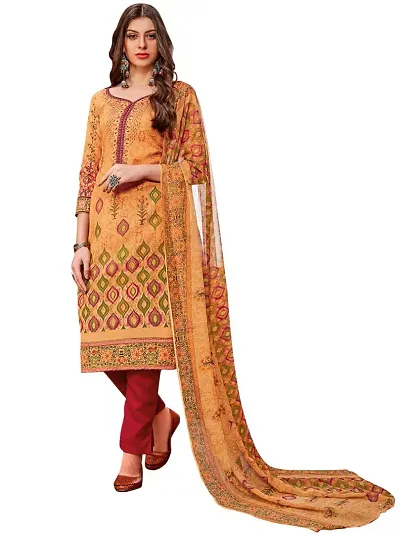 Unstitched Cotton Dress Material Suit with Chiffon Dupatta and Cotton Salvar Piece.