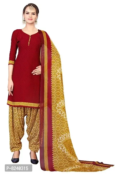 Unstitched Crepe Dress Material Suit with Chiffon Dupatta and Crepe Salvar Piece (Maroon)-thumb0