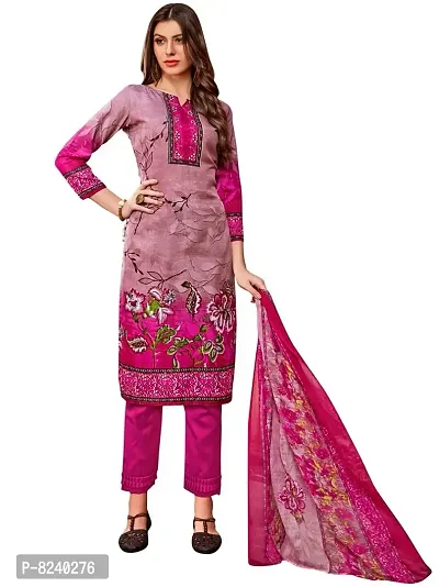 Unstitched Cotton Dress Material Suit with Chiffon Dupatta and Cotton Salvar Piece. (Pink)