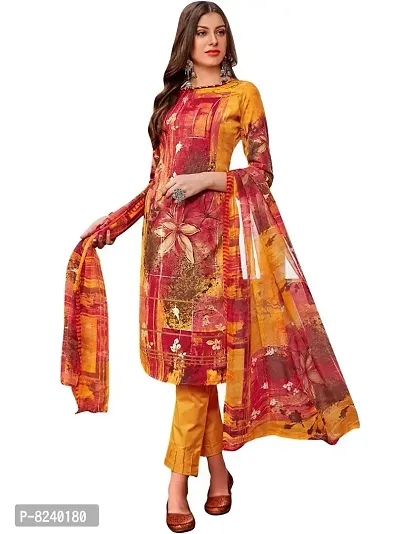 Women's Cotton Unstitched Dress Material Suit with Chiffon Dupatta and Salwar Piece. (Orange, Free Size)