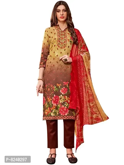 Unstitched Cotton Dress Material Suit with Chiffon Dupatta and Cotton Salvar Piece. (Beige)