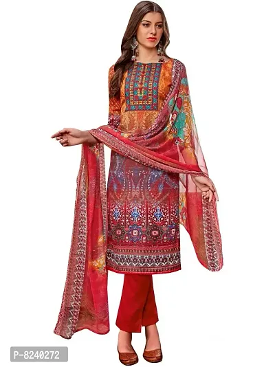 Unstitched Cotton Dress Material Suit with Chiffon Dupatta and Cotton Salvar Piece. (Red)