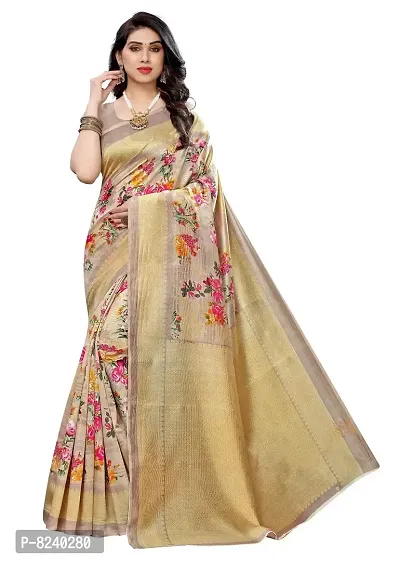 Kkrish Art Silk Saree, Printed Art Silk Saree with Blouse Piece (Cream)-thumb0