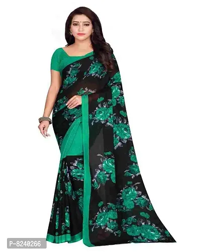 Kkrish Flower Printed Poly Georgette Silk Saree 6.3 Meter including running Blouse (Green)-thumb0