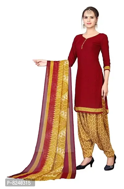 Unstitched Crepe Dress Material Suit with Chiffon Dupatta and Crepe Salvar Piece (Maroon)-thumb4