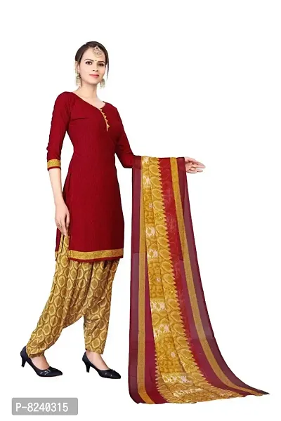 Unstitched Crepe Dress Material Suit with Chiffon Dupatta and Crepe Salvar Piece (Maroon)-thumb3