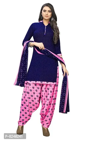 Women's Crepe Unstitched Dress Material Suit with Chiffon Dupatta and Crepe Salwar Piece (250, Navy, Pink, Free Size)