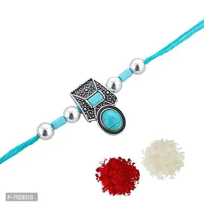 Lucky jewellery Rakhi Silver Oxidised Turquoise BlueRakhe Boho Collection Rakshabandan Rakhee Bracelet for Bro/Brother/Bhaiya/Bhai/Bhabhi Rakshasutra (65-CHEOR1-LJ702-F-S-2)