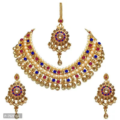 Lucky Jewellery Designer Magenta Blue Color Gold Plated Pearl and Stone Necklace Set for Girls  Women (727-ISS-819-G-LCT-RB)