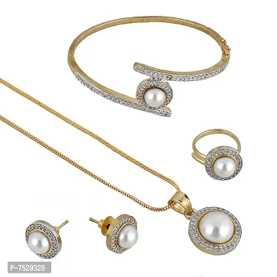 JEWEL21 18K Gold Plated American Diamond (AD) White Color Combo Pendant Set with Earring, Bracelet,  Ring for Girls  Women (624-k5sa-883-w)