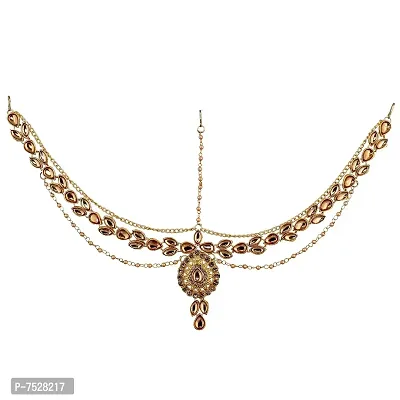 Lucky Jewellery Designer Gold Plated LCT Gold Color Moti Pearl Maang Tikka Damini Kundan Stone Wedding Mathapatti for Girls  Women (248-L1PK-29-LCT)-thumb0