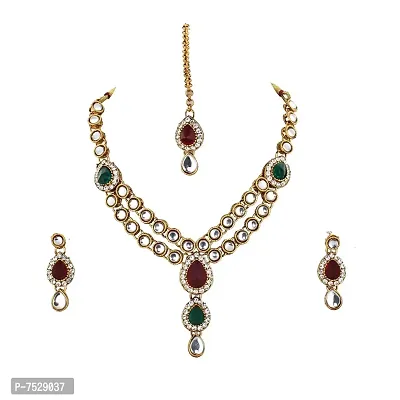 Lucky Jewellery Designer Maroon Green Color Stone Kundan Double Locket Necklace Set with Earring and Tikka for Girls  Women