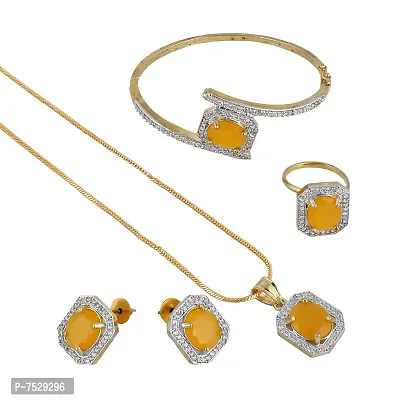 JEWEL21 18K Gold Plated American Diamond (AD) Yellow Color Combo Pendant Set with Earring, Bracelet,  Ring for Girls  Women (624-k5sa-882-y)