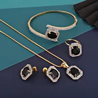 18K Gold Plated American Diamond (AD) Black Color Combo Pendant Set With Earring, Bracelet & Ring For Girls & Women-thumb1