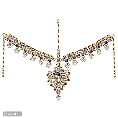 LUCKY JEWELLERY 18K Gold Plated Bridal Dulhan Mangtika Kundan Stone Blue Color for Girls and Women (330-L1PS-KD124-B)