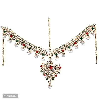 LUCKY JEWELLERY 18K Gold Plated Bridal Dulhan Mangtika Kundan Stone Red Green Color for Girls and Women (330-L1PS-KD124-RED-G)