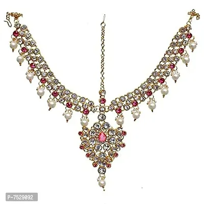 LUCKY JEWELLERY 18K Gold Plated Bridal Dulhan Mangtika Kundan Stone Pink Color for Girls and Women (330-L1PS-KD124-PK)