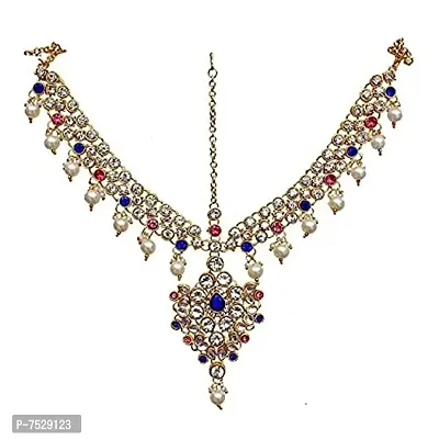 LUCKY JEWELLERY 18K Gold Plated Bridal Dulhan Mangtika Kundan Stone Pink Blue Color for Girls and Women (330-L1PS-KD124-PK-B)