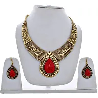 Lucky Jewellery Tribal Designer Gold Plated Retro Tibetan Oxidised Bohemian Oval Red Color Pendant Locket Set with Drop Earrings Hasli Kanthi Necklace for Girls  Women-thumb1