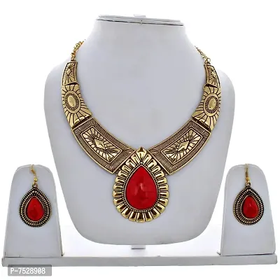 Lucky Jewellery Tribal Designer Gold Plated Retro Tibetan Oxidised Bohemian Oval Red Color Pendant Locket Set with Drop Earrings Hasli Kanthi Necklace for Girls  Women-thumb2