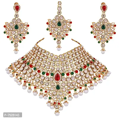 Lucky Jewellery Red Green Semi Bridal Dulhan Dulhan Wedding  Engagement Necklace Set with Mang Tikka (1815-L1SS-KD124-RED-G)-thumb0