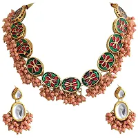 JEWEL21 18K Gold Plated Peach Color Kundan Stone/Uncut Kundan/Dibbi Kundan/Meena Kundan/Lucknow Kundan Necklace Set for Girls  Women (1000-J5SK-1607-PH)-thumb1