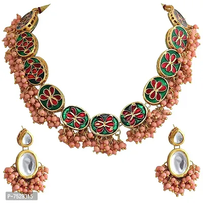 JEWEL21 18K Gold Plated Peach Color Kundan Stone/Uncut Kundan/Dibbi Kundan/Meena Kundan/Lucknow Kundan Necklace Set for Girls  Women (1000-J5SK-1607-PH)-thumb2