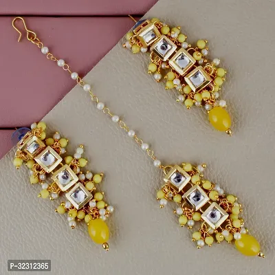 LUCKY JEWELLERY Back Meenakari 18k Gold Plated Yellow Color Tika Earring Combo Uncut Big Faux Kundan Choker Necklace set (660-J5SK-1664-Y)-thumb5