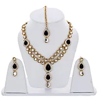 Lucky Jewellery Designer Black Color Stone Kundan Double Locket Necklace Set with Earring and Tikka for Girls  Women-thumb1